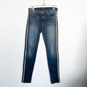 J Brand Dark Suede Trimmed Skinny Dark Jeans Kacie Wicked Mid Low Rise Sz 27